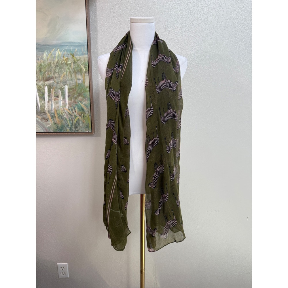 Olive Green Pink Zebra Print Cotton Viscose Blend Lightweight Scarf Wrap Shawl
